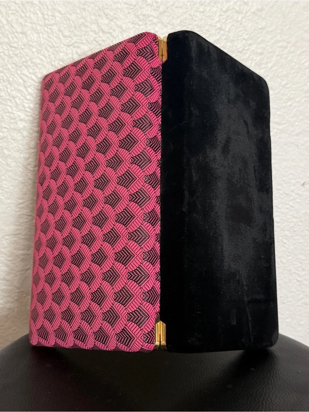 Vintage Mid Century Hot Pink Geometric & Black Velvet Jewelry Box Organizer Case